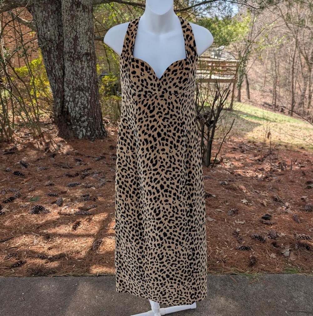 Vintage Nicole Miller Womens Beige Black Leopard Print Pencil Midi Dress Size 6
